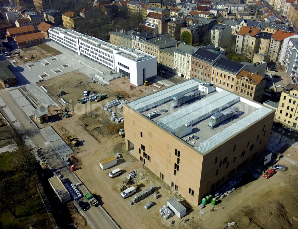 Halle (Saale) from above - Construction of the GWZ Humanities Center of the University at Stone Gate campus in Halle (Saale) in Saxony-Anhalt