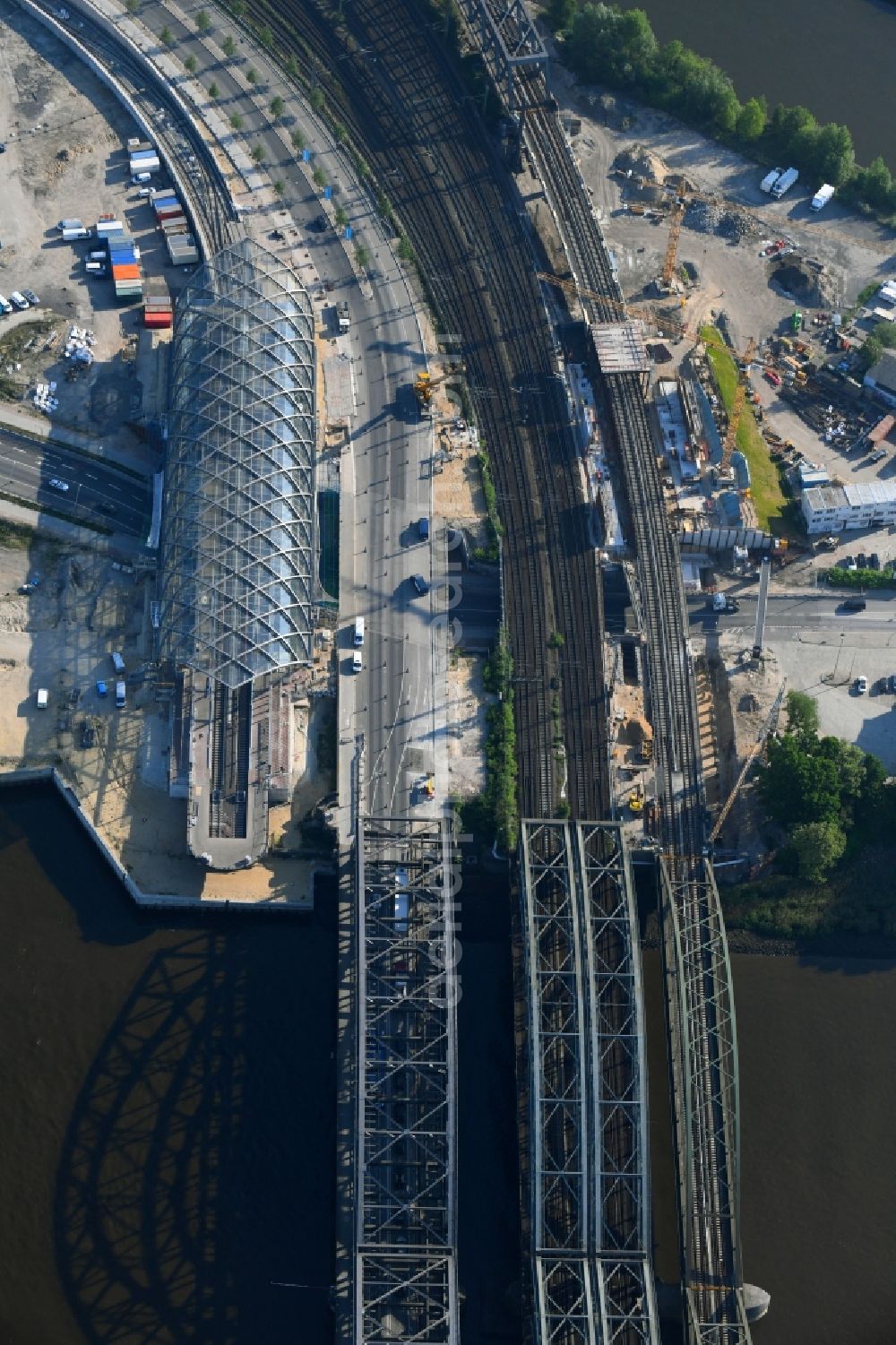 Hamburg from above - Construction site for the train stop Elbbruecken of the subway line 4 in Hamburg, Germany