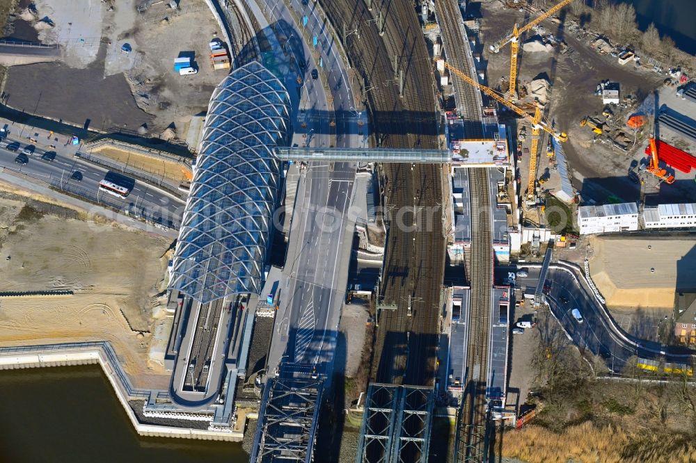 Hamburg from the bird's eye view: Construction site for the train stop Elbbruecken of the subway line 4 in Hamburg, Germany