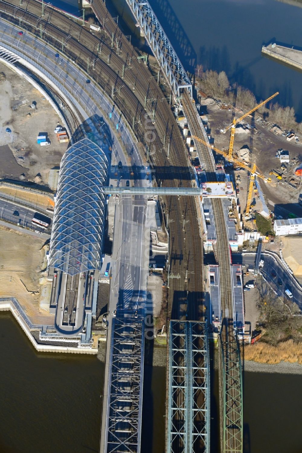 Aerial image Hamburg - Construction site for the train stop Elbbruecken of the subway line 4 in Hamburg, Germany