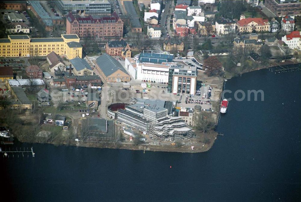 POTSDAM from the bird's eye view: 29.03.05 Potsdam Neubau des Hans Otto Theater am Schiffbauerdamm in Potsdam auf dem Gelände des alten Gaswerkes an der Langen Brücke.