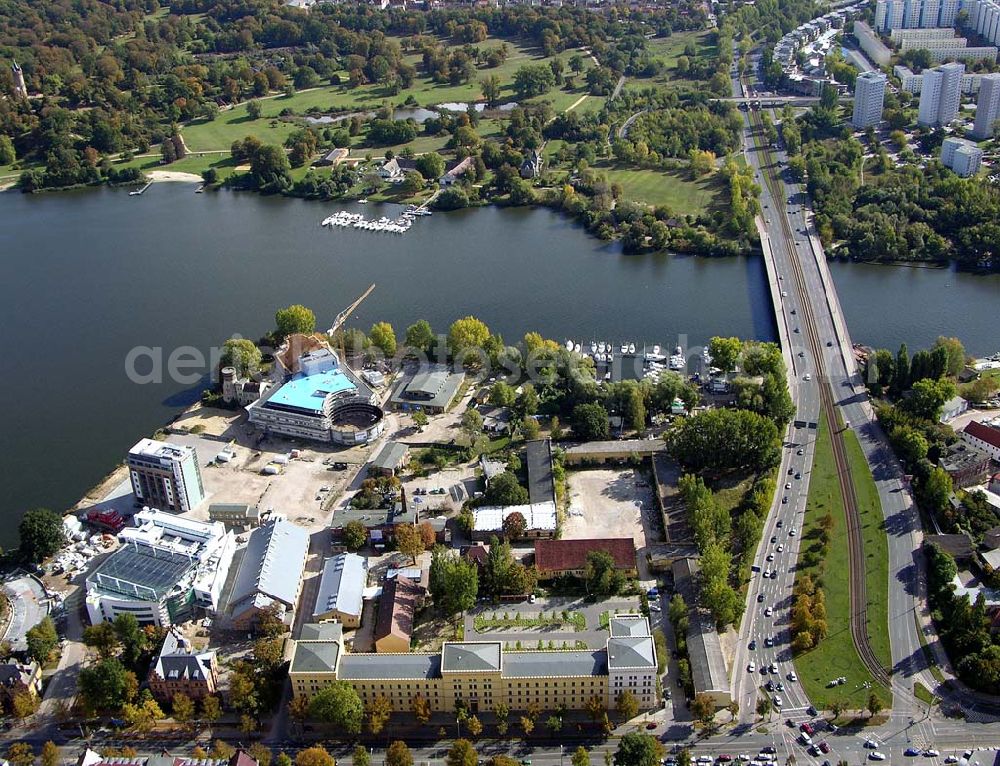 Aerial photograph Potsdam - 07.10.2004 Blick auf den Neubau des Hans-Otto-Theaters an der Schiffbauergasse entlang der Humboldtbrücke in Potsdam.