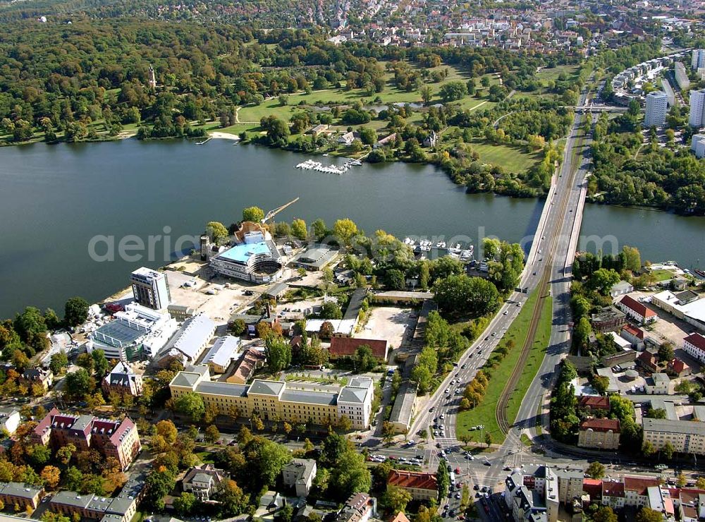 Potsdam from above - 07.10.2004 Blick auf den Neubau des Hans-Otto-Theaters an der Schiffbauergasse entlang der Humboldtbrücke in Potsdam.