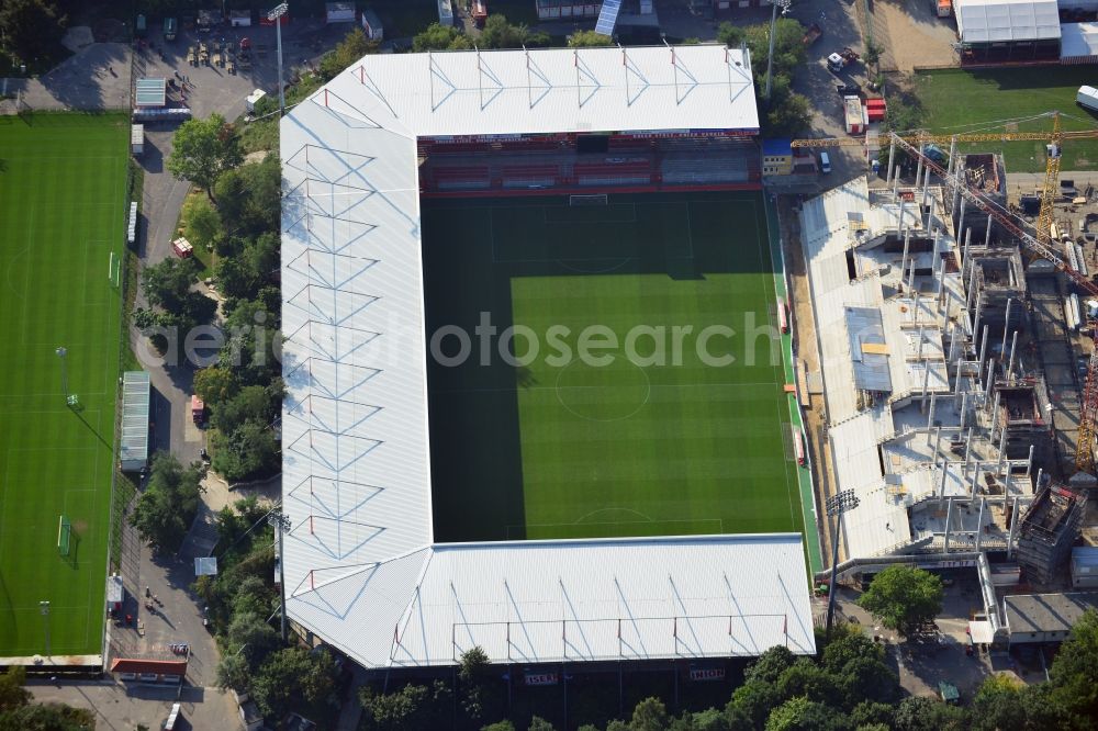 Berlin from above - View at the new building of the main grandstand at the stadium At the old forester in the Wuhlheide in the Köpenick district of Berlin. Responsible for the construction is the brewer Baugesellschaft mbH & Co KG. The stadium is operated by at the old forester stadium operations AG