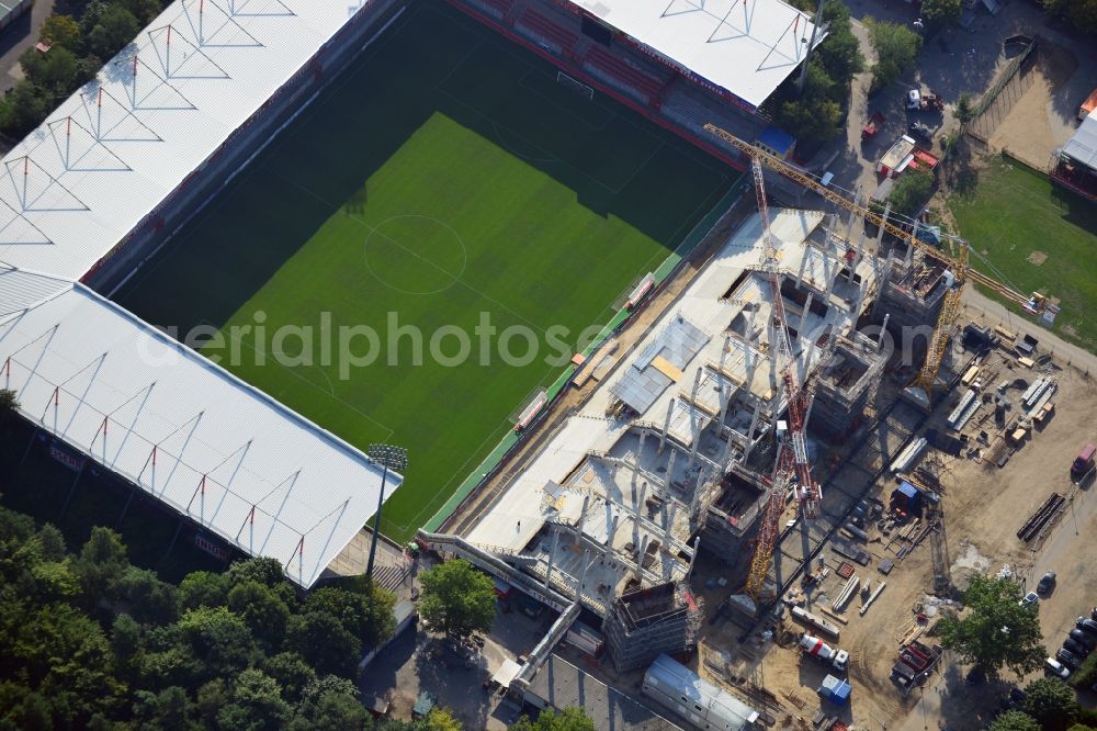 Aerial image Berlin - View at the new building of the main grandstand at the stadium At the old forester in the Wuhlheide in the Köpenick district of Berlin. Responsible for the construction is the brewer Baugesellschaft mbH & Co KG. The stadium is operated by at the old forester stadium operations AG