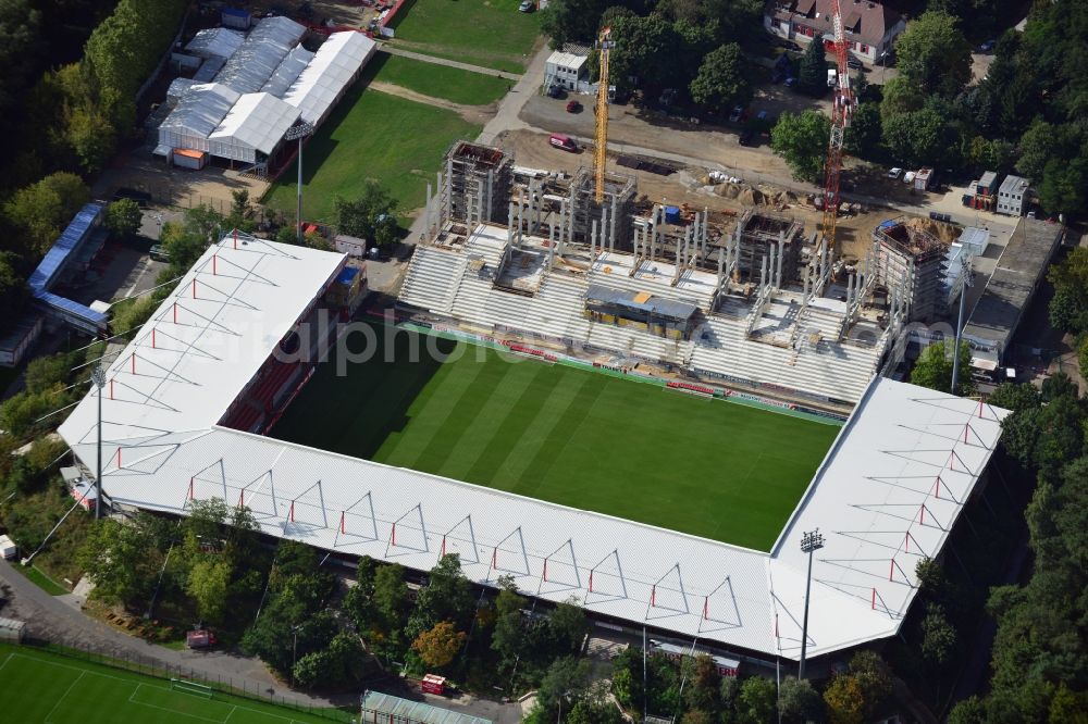 Berlin from above - View at the new building of the main grandstand at the stadium At the old forester in the Wuhlheide in the Köpenick district of Berlin. Responsible for the construction is the brewer Baugesellschaft mbH & Co KG. The stadium is operated by at the old forester stadium operations AG