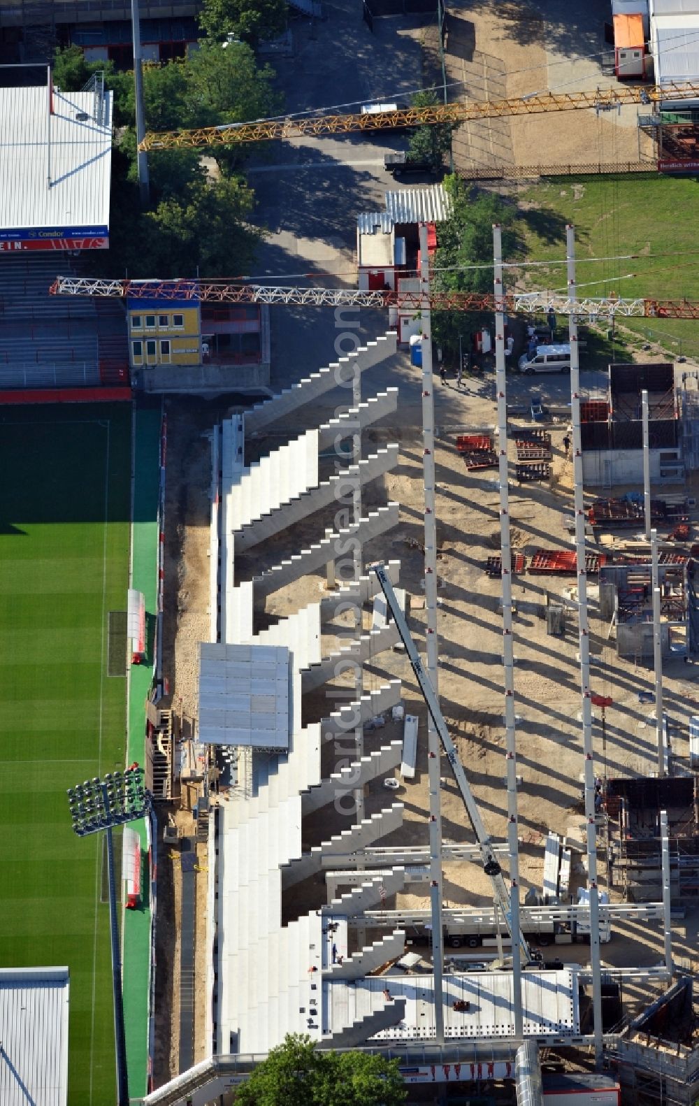 Berlin from above - View of new construction of the grandstand at the stadium Alte Försterei in Berlin