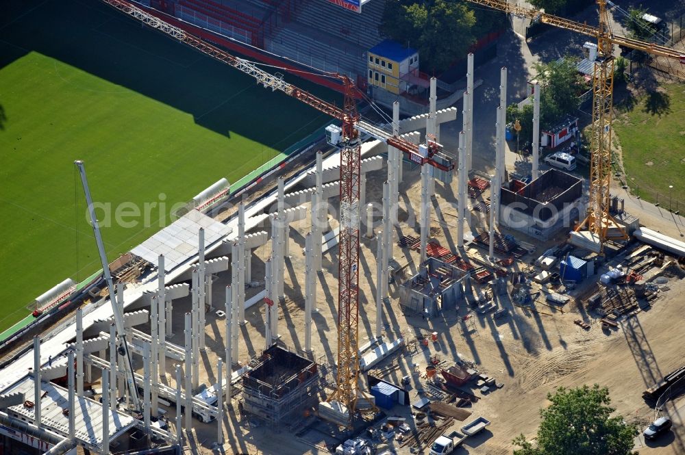 Berlin from the bird's eye view: View of new construction of the grandstand at the stadium Alte Försterei in Berlin