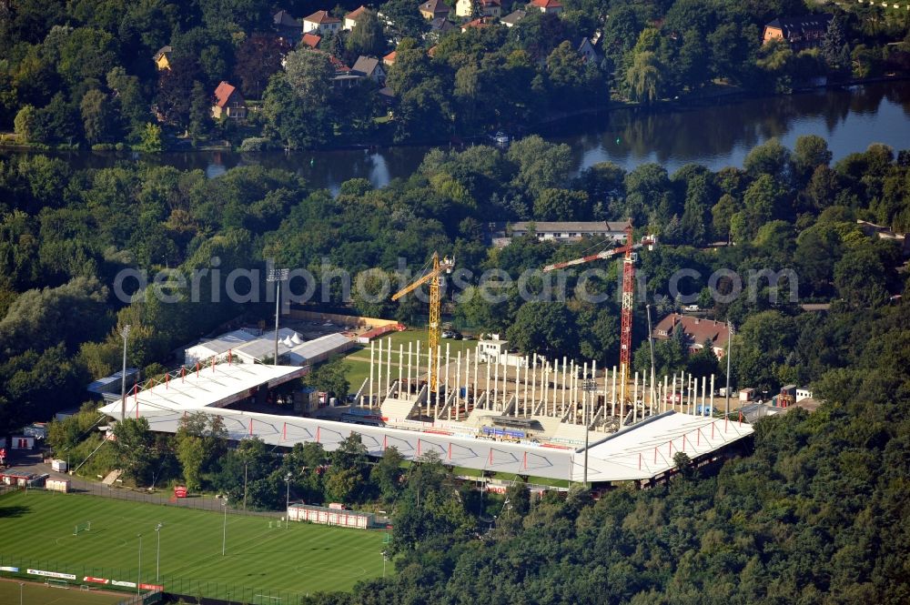 Aerial image Berlin - View of new construction of the grandstand at the stadium Alte Försterei in Berlin