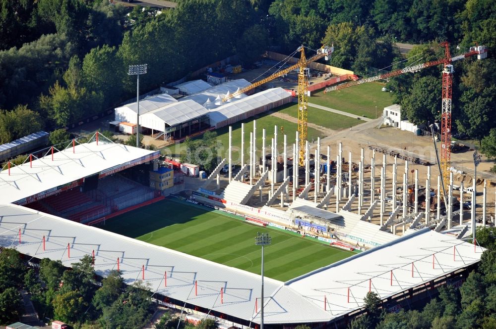 Aerial photograph Berlin - View of new construction of the grandstand at the stadium Alte Försterei in Berlin