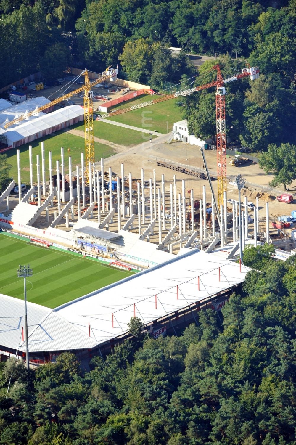 Berlin from above - View of new construction of the grandstand at the stadium Alte Försterei in Berlin