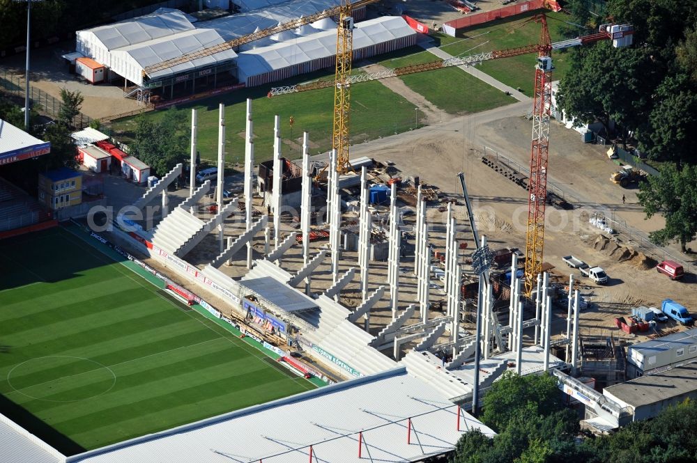 Berlin from the bird's eye view: View of new construction of the grandstand at the stadium Alte Försterei in Berlin