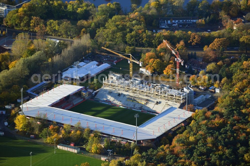 Berlin from above - View of new construction of the grandstand at the stadium Alte Försterei in Berlin