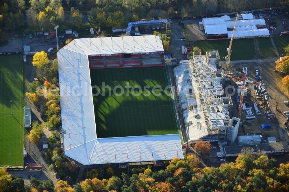 Aerial image Berlin - View of new construction of the grandstand at the stadium Alte Försterei in Berlin