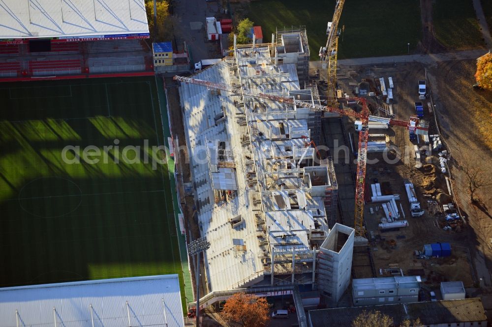 Berlin from the bird's eye view: View of new construction of the grandstand at the stadium Alte Försterei in Berlin