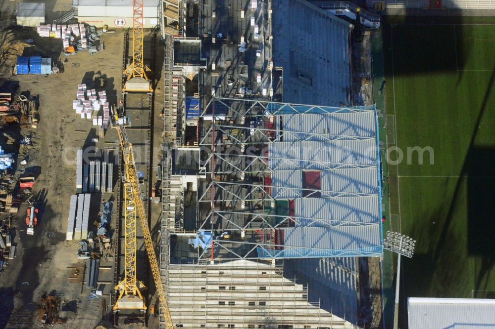 Berlin from the bird's eye view: View of new construction of the grandstand at the stadium Alte Försterei in Berlin