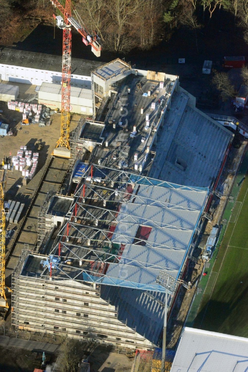 Aerial image Berlin - View of new construction of the grandstand at the stadium Alte Försterei in Berlin