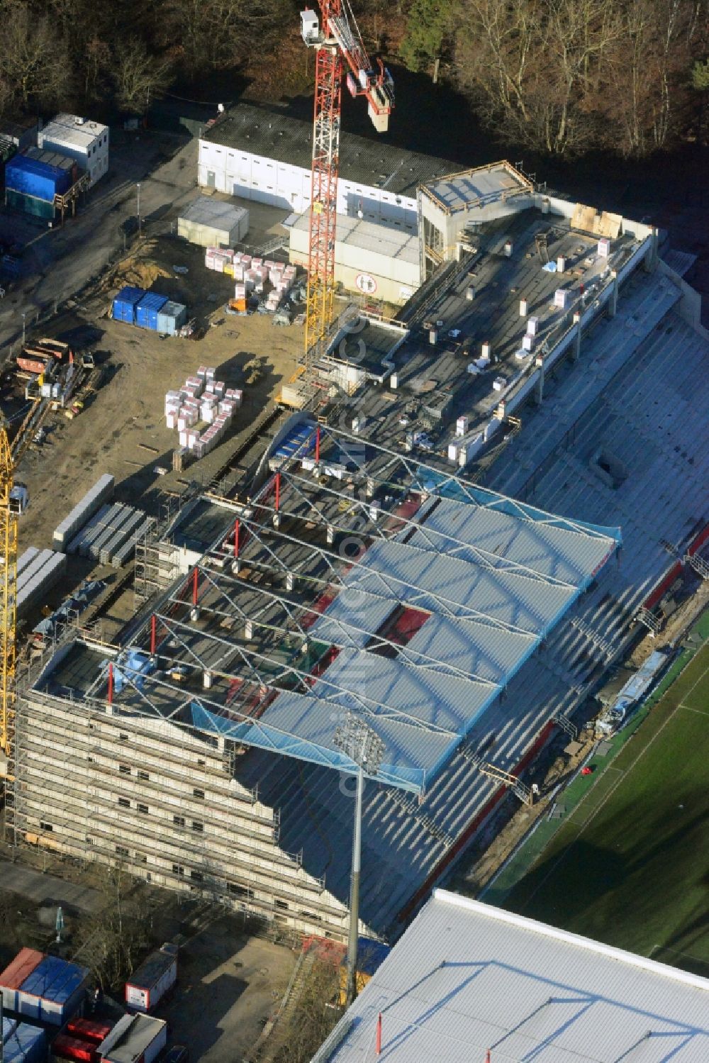 Aerial photograph Berlin - View of new construction of the grandstand at the stadium Alte Försterei in Berlin