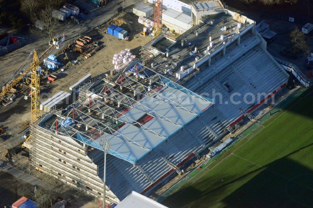 Berlin from above - View of new construction of the grandstand at the stadium Alte Försterei in Berlin