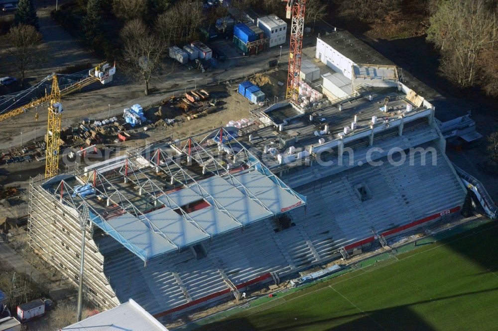 Berlin from the bird's eye view: View of new construction of the grandstand at the stadium Alte Försterei in Berlin