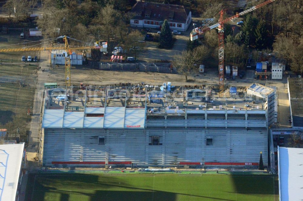 Aerial image Berlin - View of new construction of the grandstand at the stadium Alte Försterei in Berlin