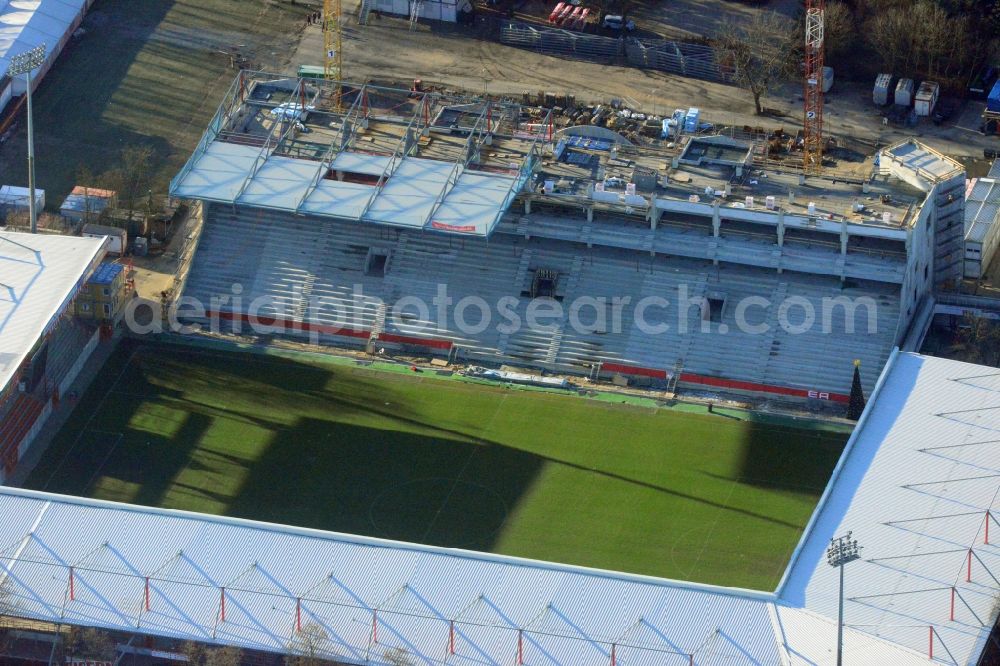 Aerial photograph Berlin - View of new construction of the grandstand at the stadium Alte Försterei in Berlin