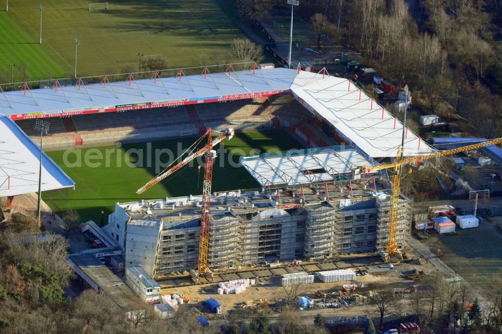 Berlin from above - View of new construction of the grandstand at the stadium Alte Försterei in Berlin