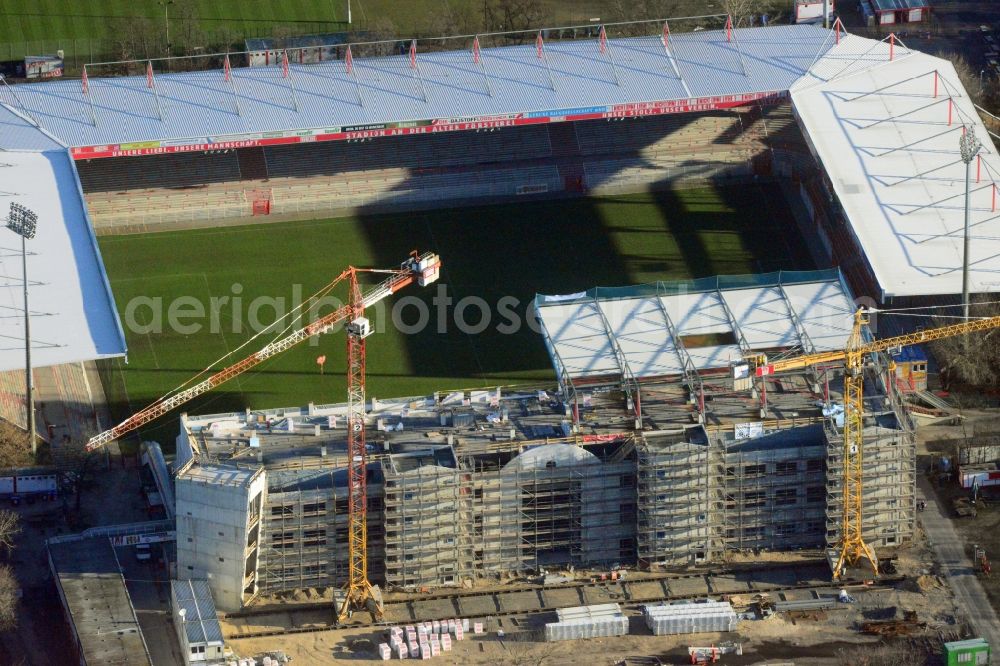 Berlin from the bird's eye view: View of new construction of the grandstand at the stadium Alte Försterei in Berlin