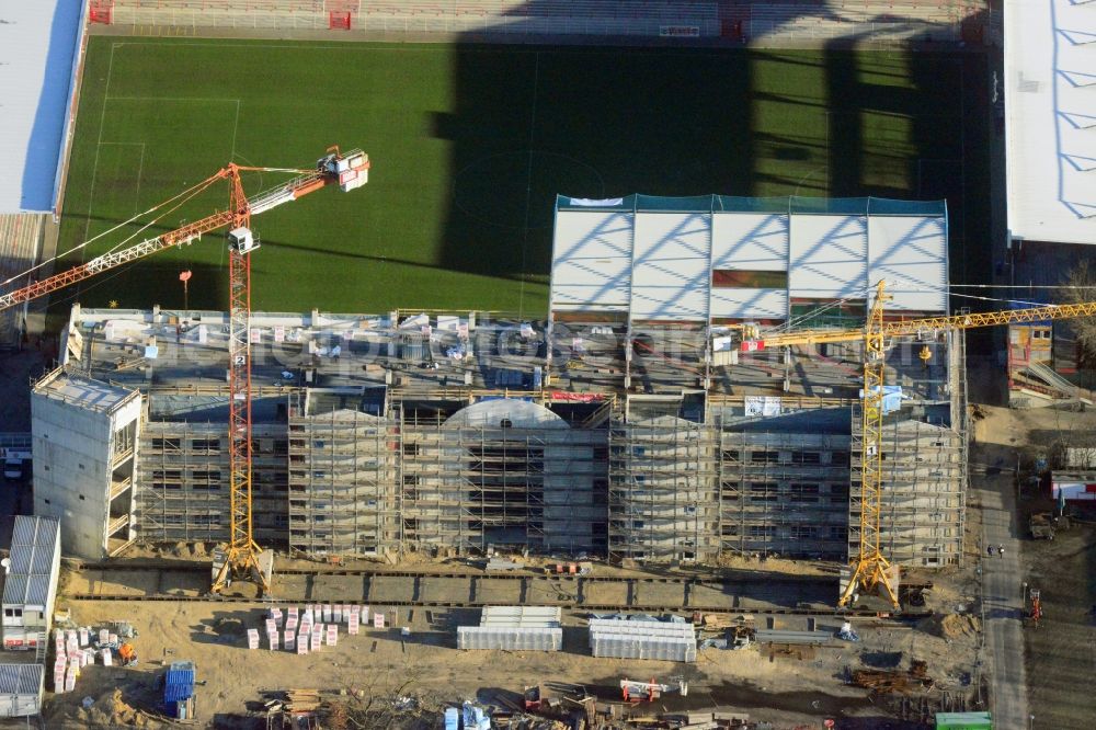 Aerial image Berlin - View of new construction of the grandstand at the stadium Alte Försterei in Berlin