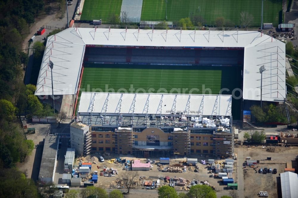 Aerial photograph Berlin - View of new construction of the grandstand at the stadium Alte Försterei in Berlin