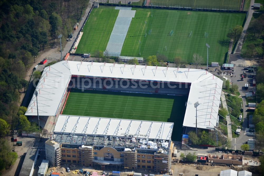 Berlin from above - View of new construction of the grandstand at the stadium Alte Försterei in Berlin