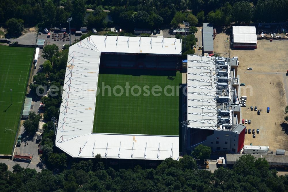 Berlin from the bird's eye view: View of new construction of the grandstand at the stadium Alte Försterei in Berlin