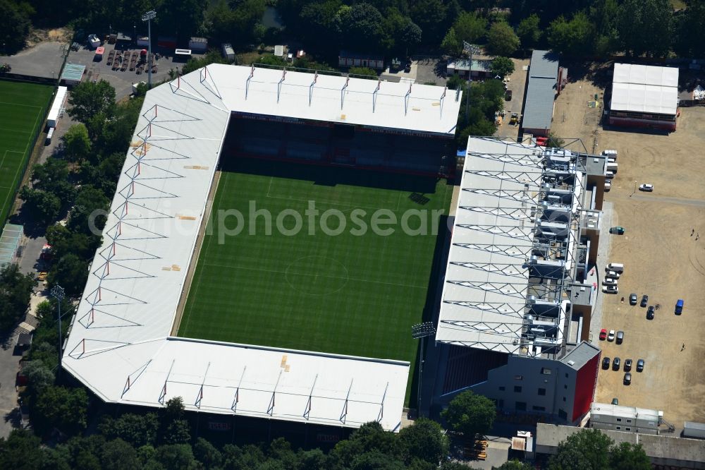 Aerial image Berlin - View of new construction of the grandstand at the stadium Alte Försterei in Berlin