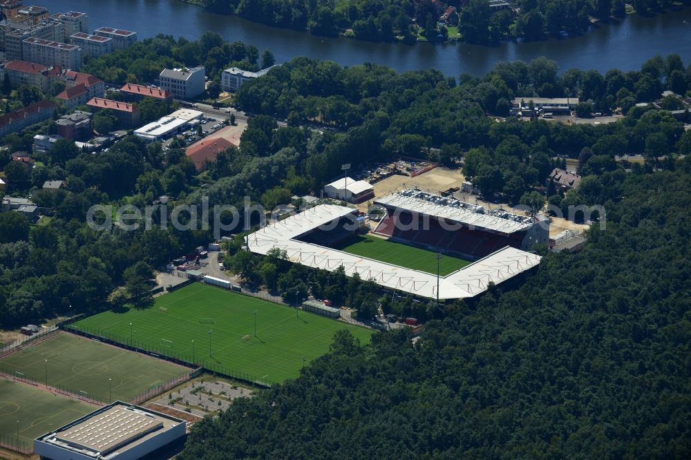 Berlin from above - View of new construction of the grandstand at the stadium Alte Försterei in Berlin