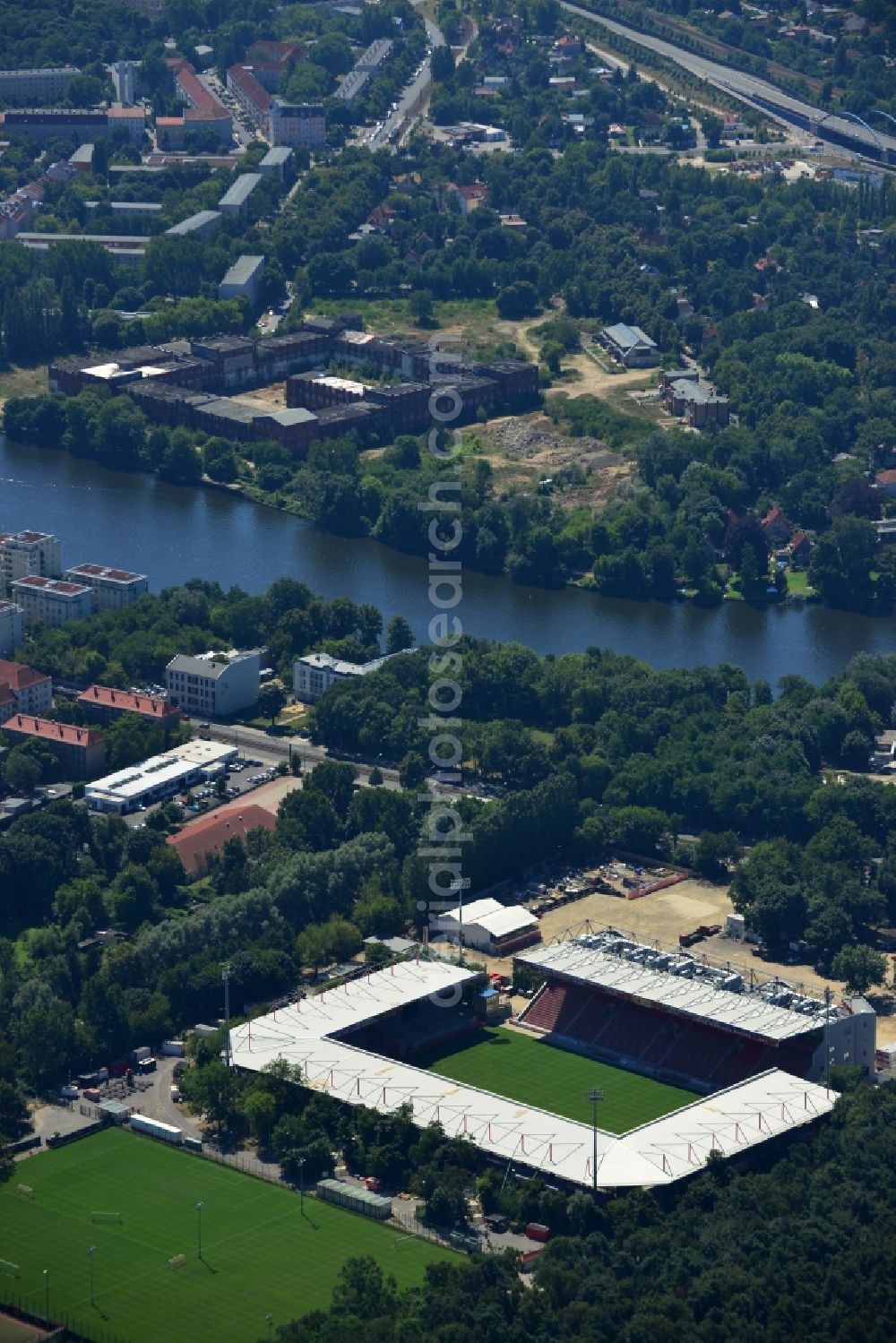 Berlin from the bird's eye view: View of new construction of the grandstand at the stadium Alte Försterei in Berlin