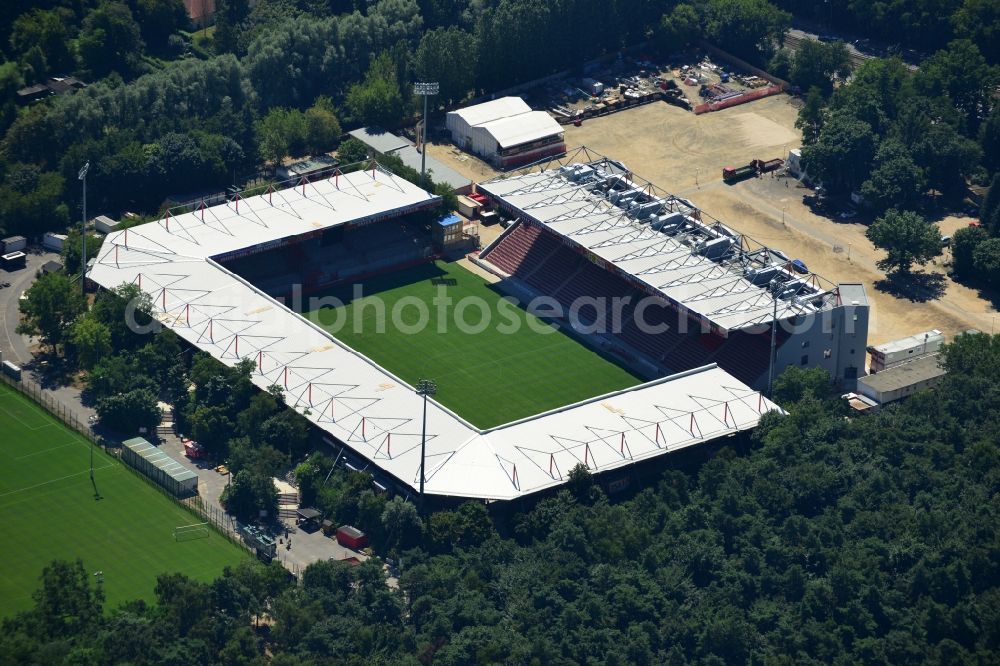 Aerial image Berlin - View of new construction of the grandstand at the stadium Alte Försterei in Berlin