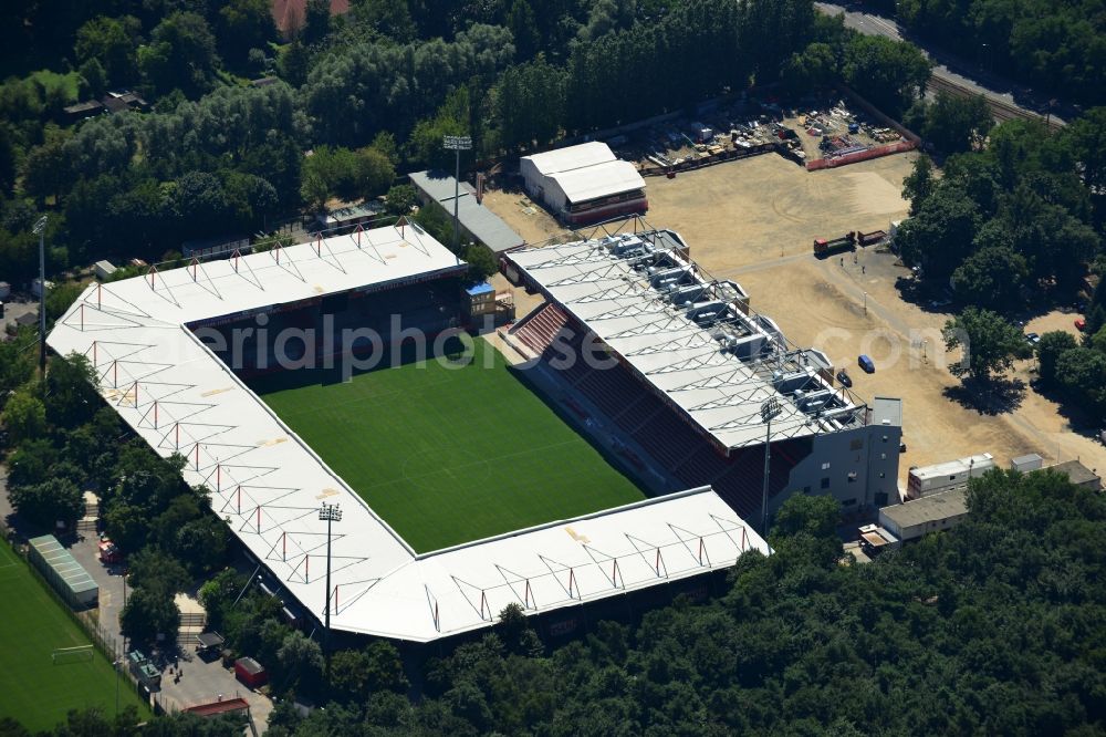 Aerial photograph Berlin - View of new construction of the grandstand at the stadium Alte Försterei in Berlin