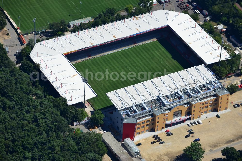 Berlin from the bird's eye view: View of new construction of the grandstand at the stadium Alte Försterei in Berlin