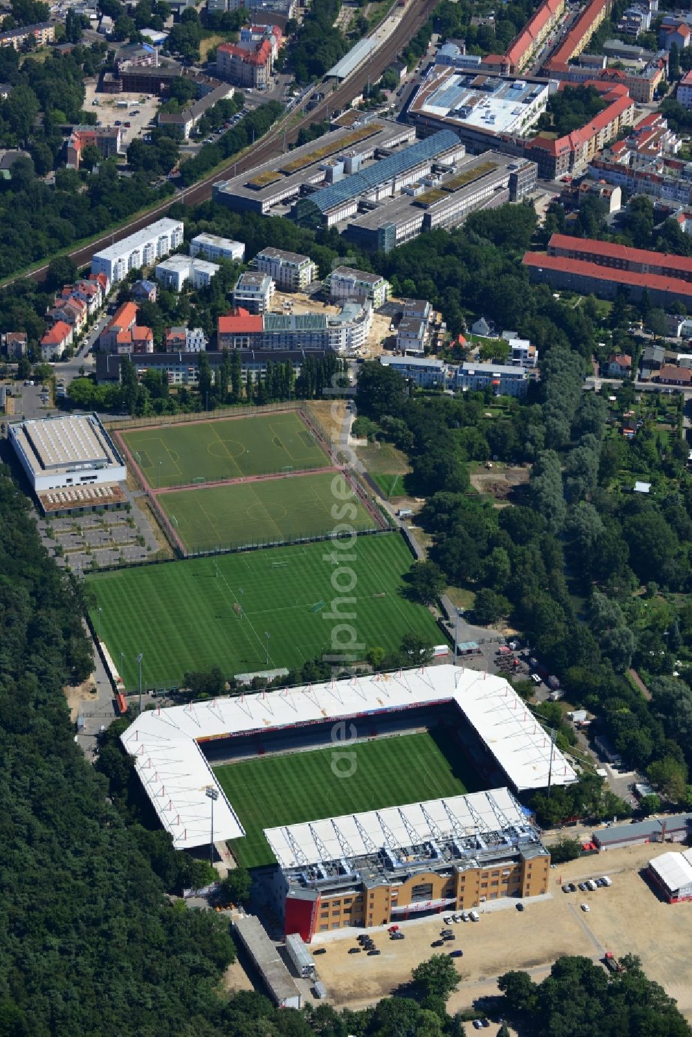 Aerial image Berlin - View of new construction of the grandstand at the stadium Alte Försterei in Berlin