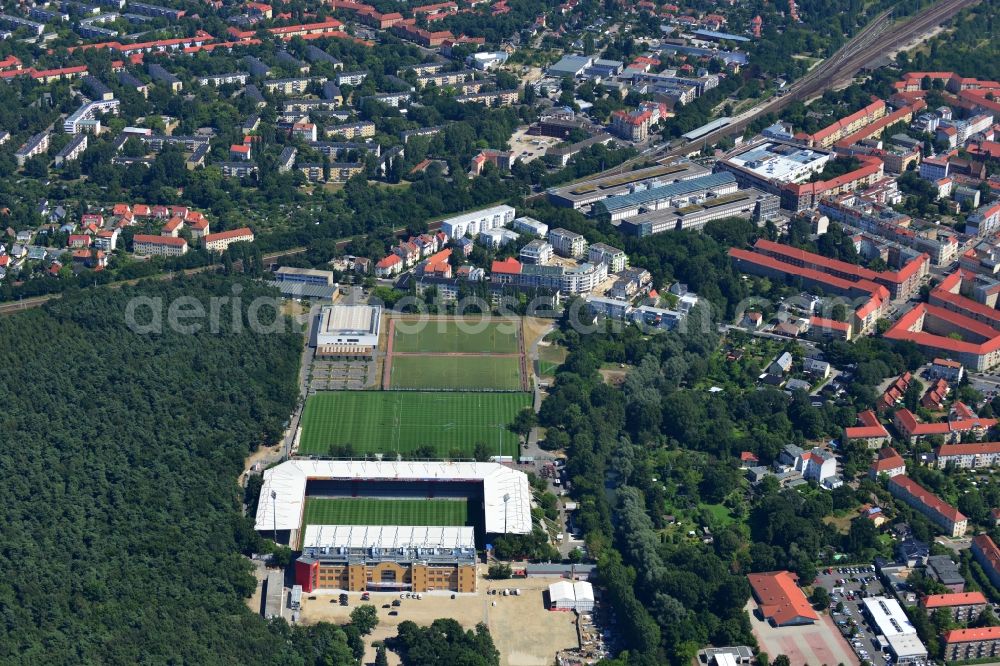 Aerial photograph Berlin - View of new construction of the grandstand at the stadium Alte Försterei in Berlin