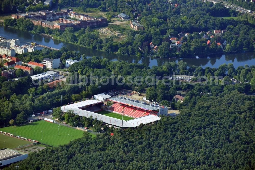 Aerial photograph Berlin - View of new construction of the grandstand at the stadium Alte Försterei in Berlin