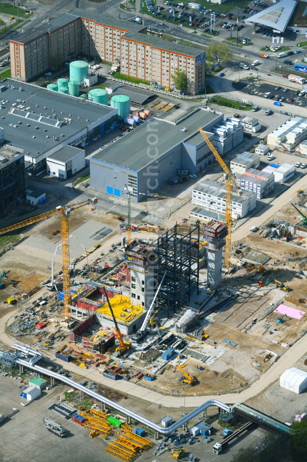 Berlin from above - Power plants and exhaust towers of thermal power station - Kraft-Waerme-Kopplungsanlage on Rhinstrasse in the district Marzahn in Berlin, Germany