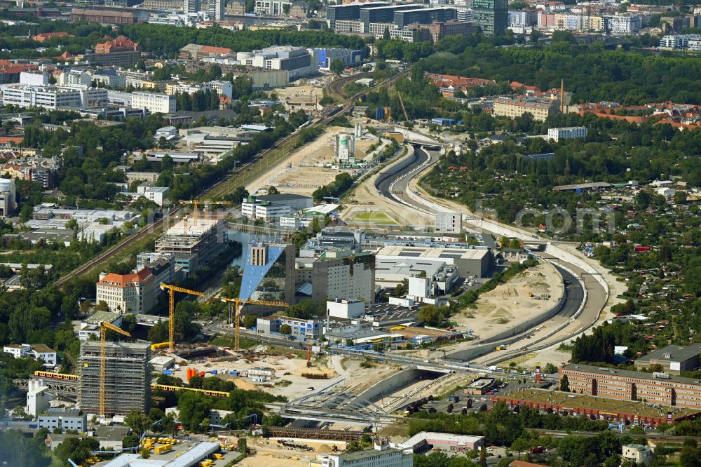 Aerial image Berlin - New construction high-rise construction site the hotel complex Estrel Tower on street Sonnenallee in the district Neukoelln in Berlin, Germany