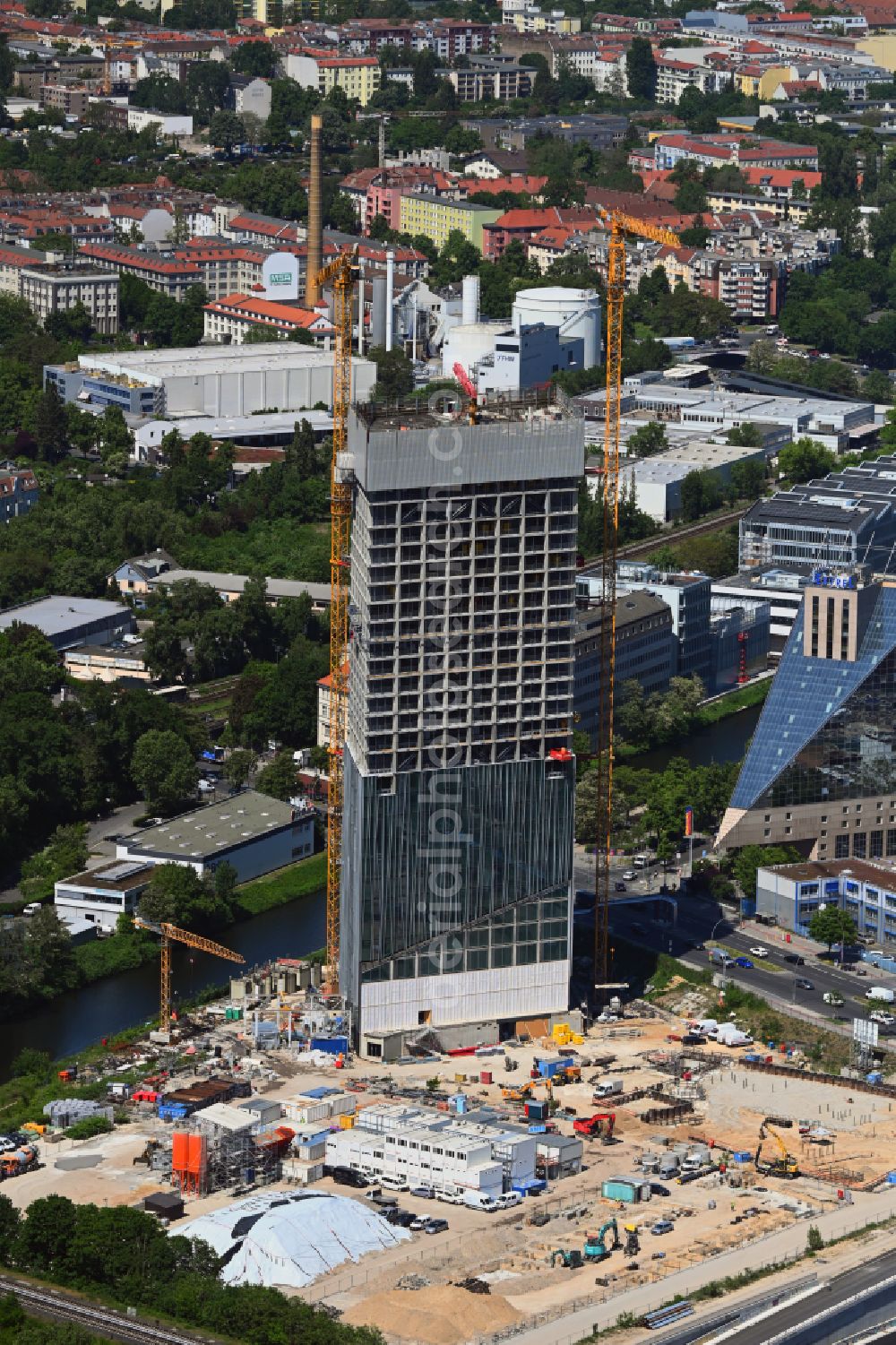 Berlin from above - New construction high-rise construction site the hotel complex Estrel Tower on street Sonnenallee in the district Neukoelln in Berlin, Germany