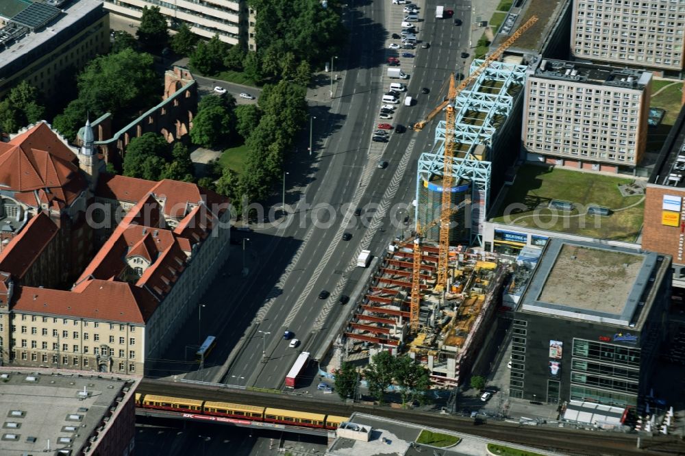 Berlin from above - New construction high-rise construction site the hotel complex Motel-One-Hotel on Grunerstrasse - Rathausstrasse in the district Mitte in Berlin, Germany