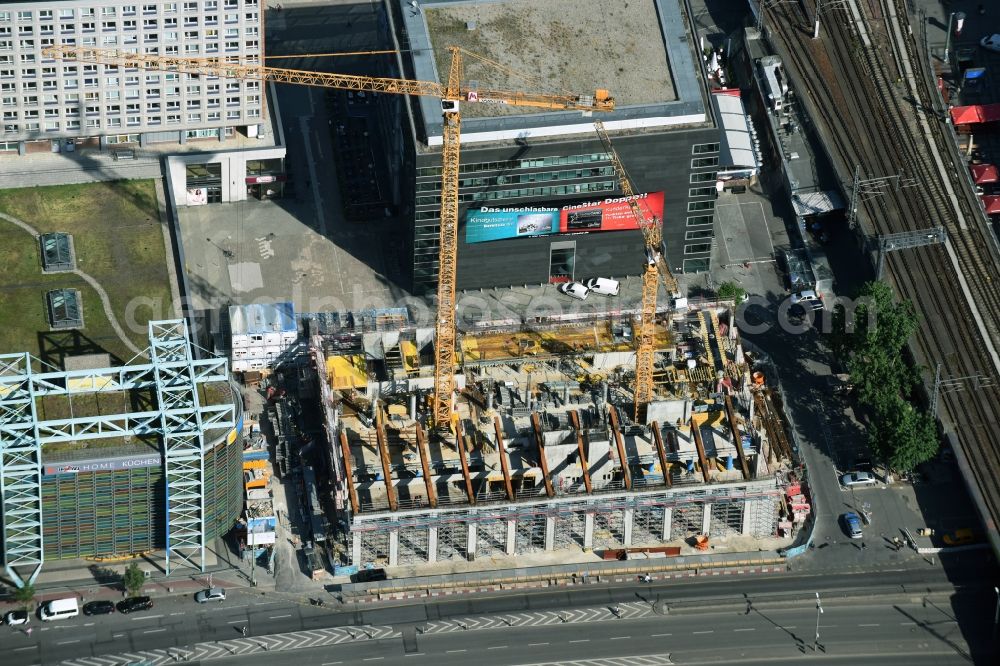 Berlin from above - New construction high-rise construction site the hotel complex Motel-One-Hotel on Grunerstrasse - Rathausstrasse in the district Mitte in Berlin, Germany