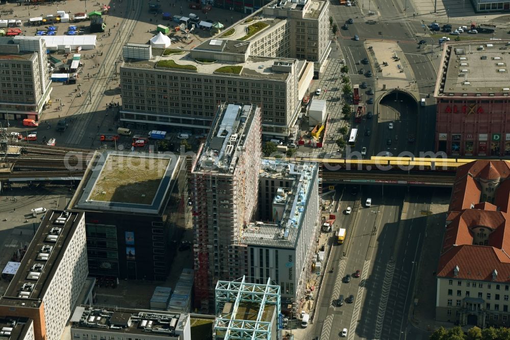 Berlin from above - New construction high-rise construction site the hotel complex Motel-One-Hotel on Grunerstrasse - Rathausstrasse in the district Mitte in Berlin, Germany