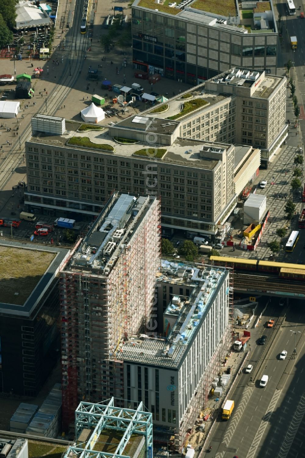 Aerial image Berlin - New construction high-rise construction site the hotel complex Motel-One-Hotel on Grunerstrasse - Rathausstrasse in the district Mitte in Berlin, Germany