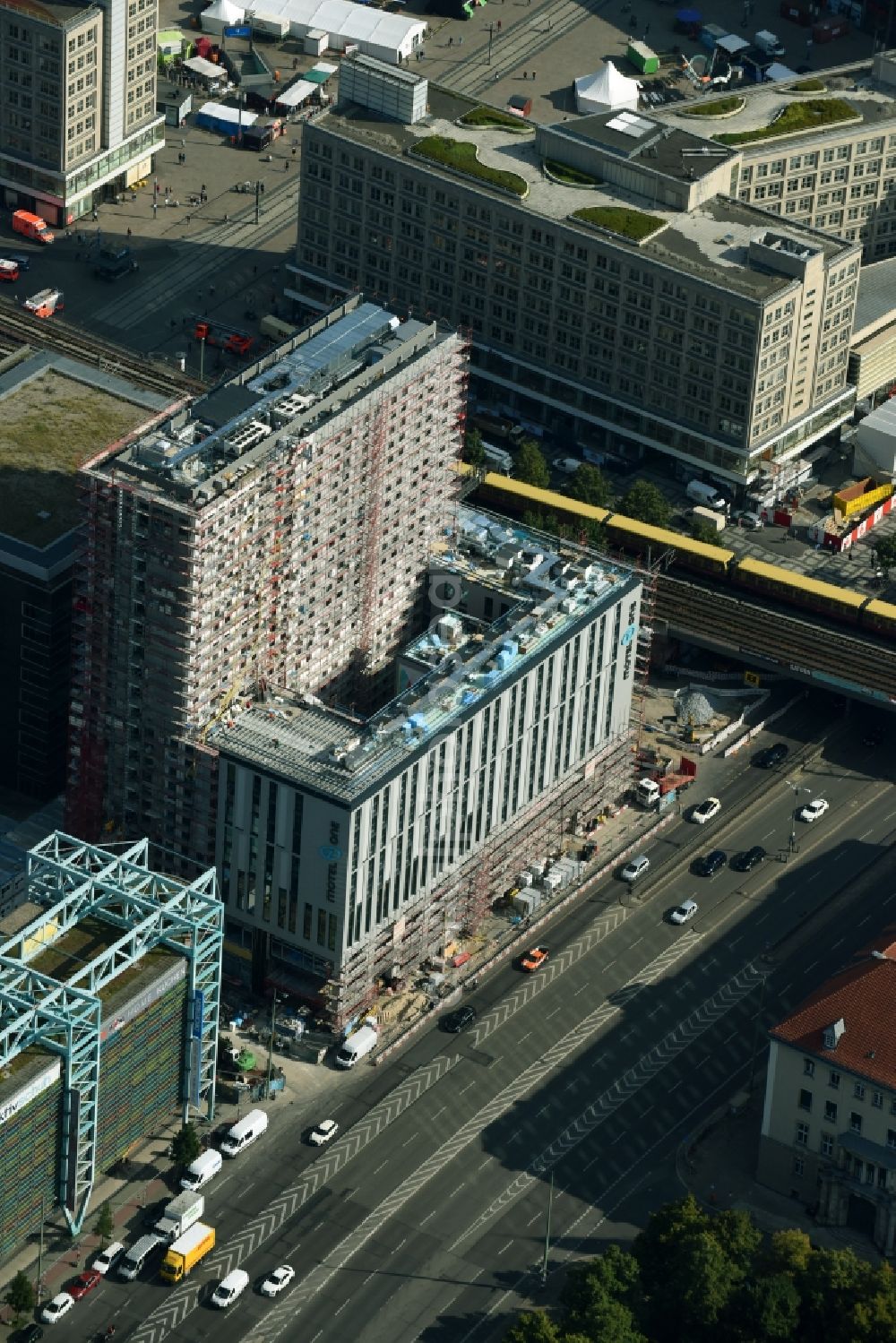 Berlin from above - New construction high-rise construction site the hotel complex Motel-One-Hotel on Grunerstrasse - Rathausstrasse in the district Mitte in Berlin, Germany