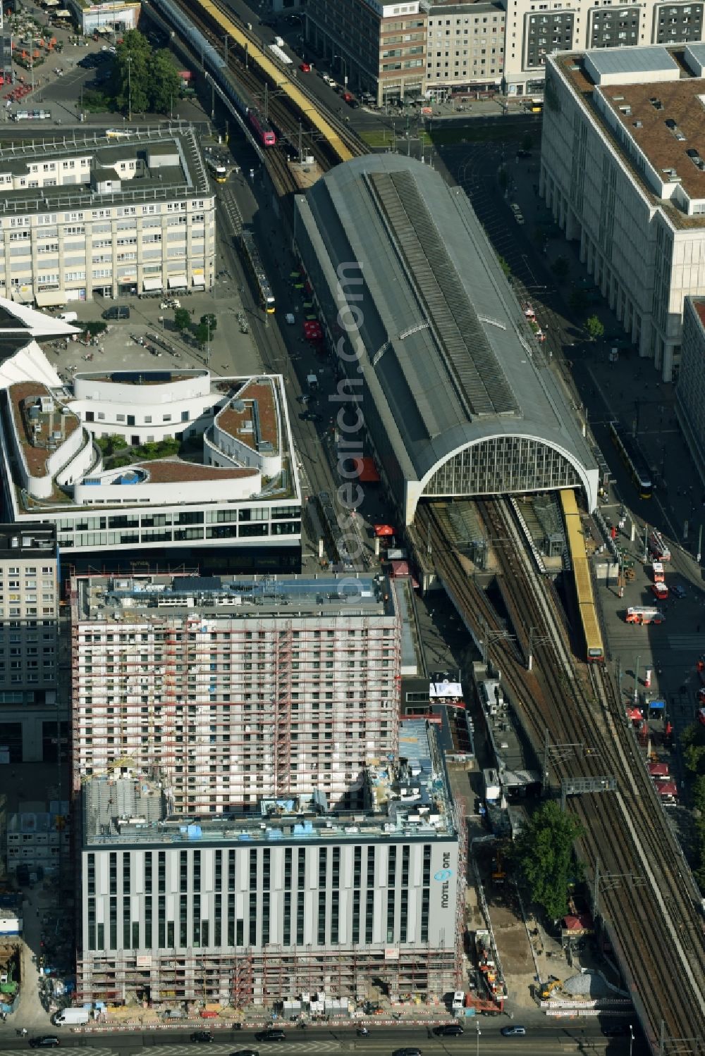 Aerial image Berlin - New construction high-rise construction site the hotel complex Motel-One-Hotel on Grunerstrasse - Rathausstrasse in the district Mitte in Berlin, Germany